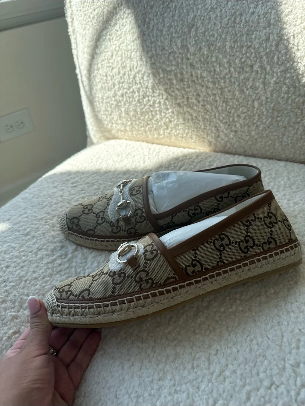 Gucci Tan GG Canvas Espadrille Loafers with Gold Horsebit